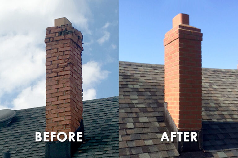 before and after of tuckpointing a chimney